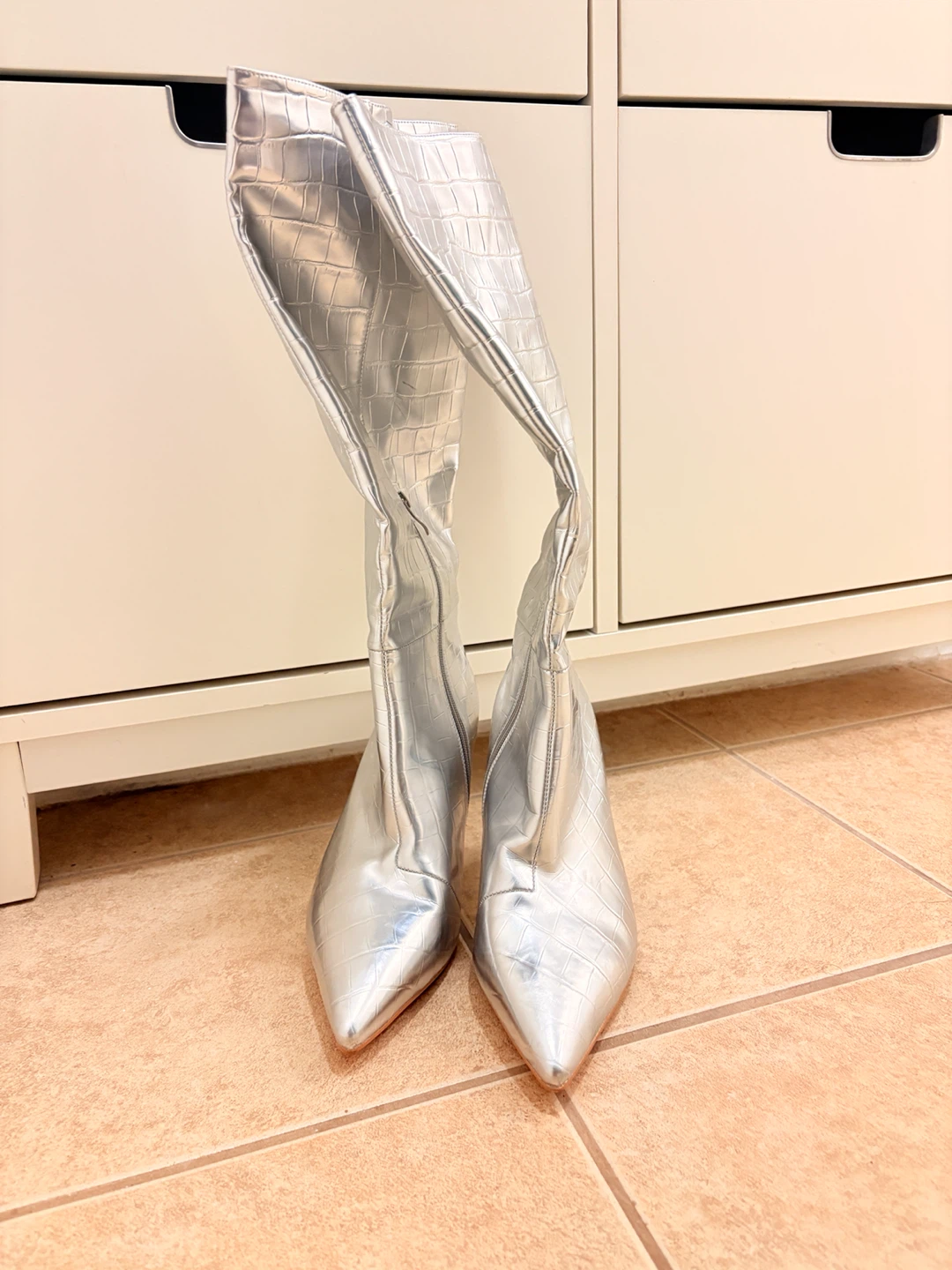 Silver Crocodile Print Knee-High Boots - photo 2