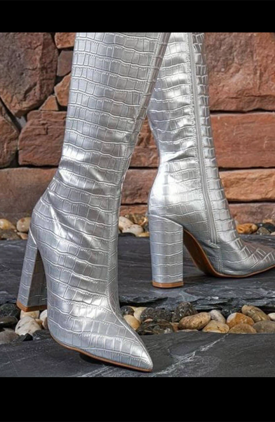 Silver Crocodile Print Knee-High Boots - photo 4