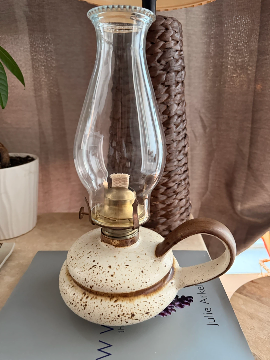 Vintage Ceramic Oil Lamp with Glass Shade