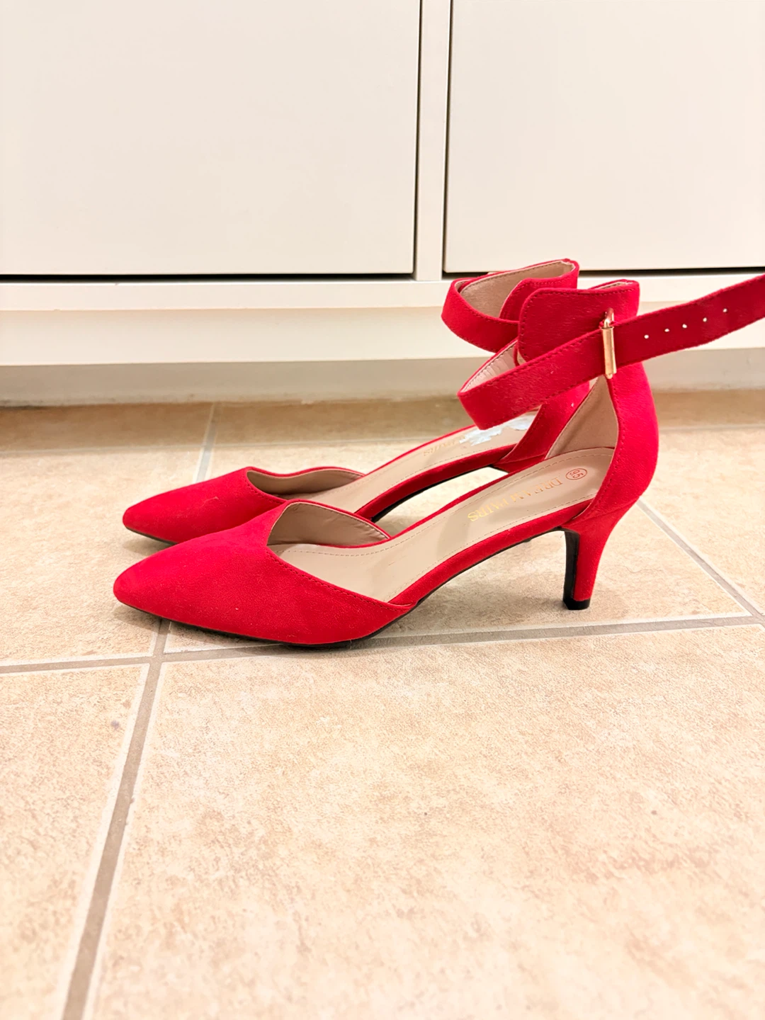 Red Faux Suede Heels with Ankle Strap