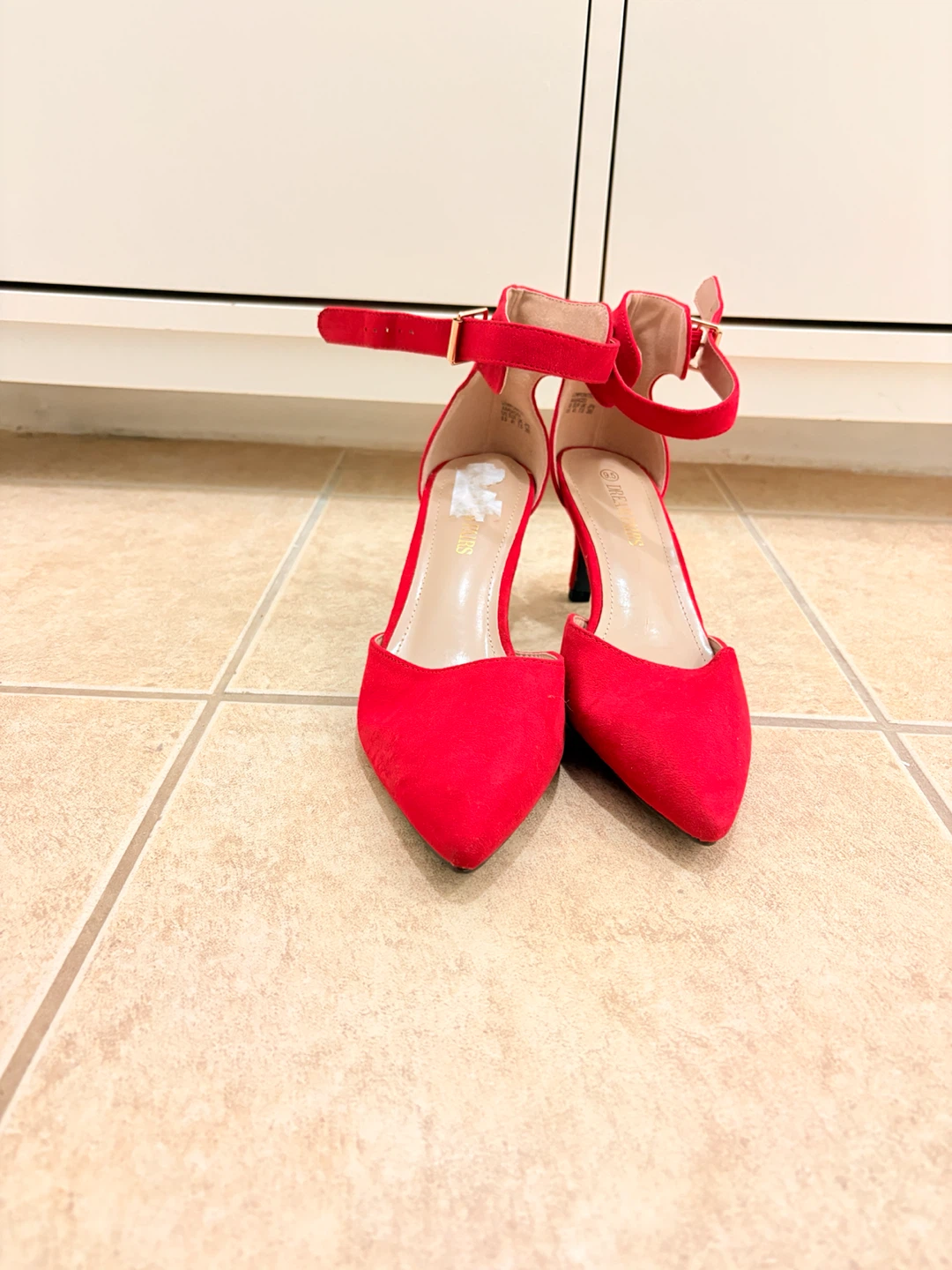 Red Faux Suede Heels with Ankle Strap - photo 2