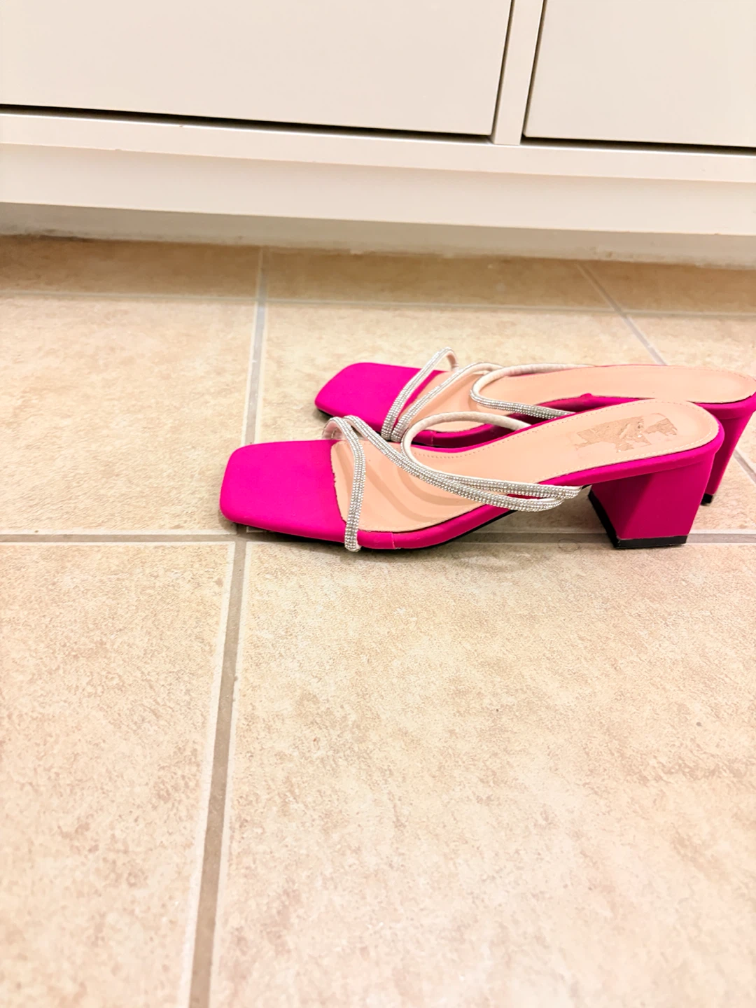 Fuchsia Slide Sandals with Rhinestone Straps - Size 40