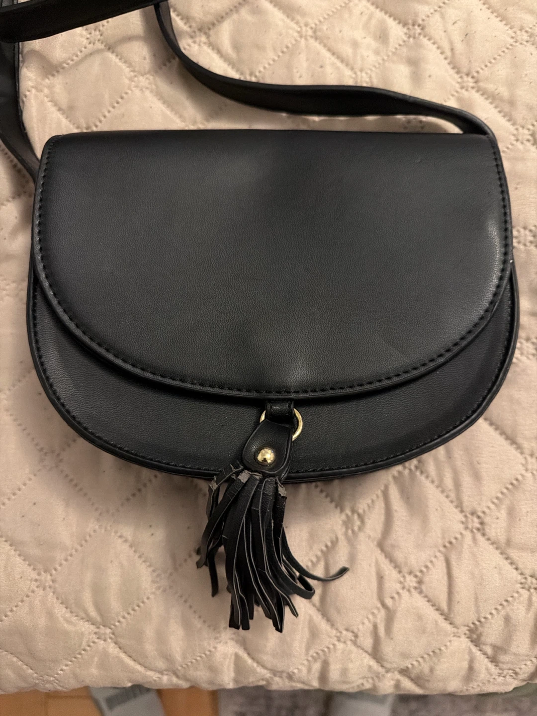Black Faux Leather Saddle Bag with Tassel