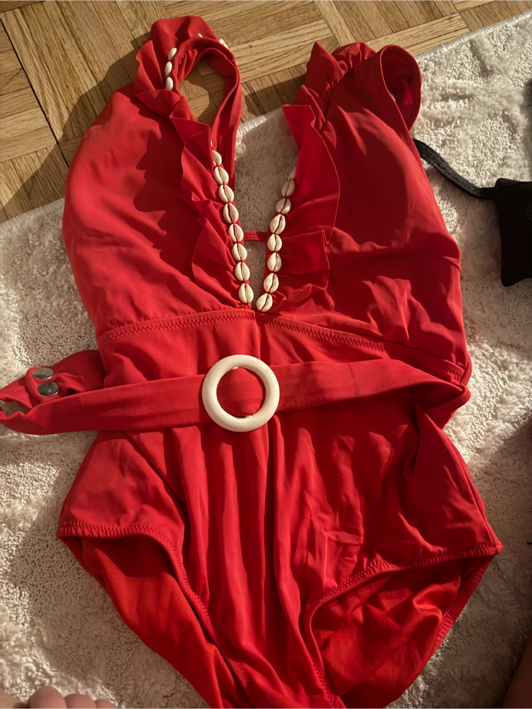 Red Ruffled One-Piece Swimsuit with Shell Embellishment