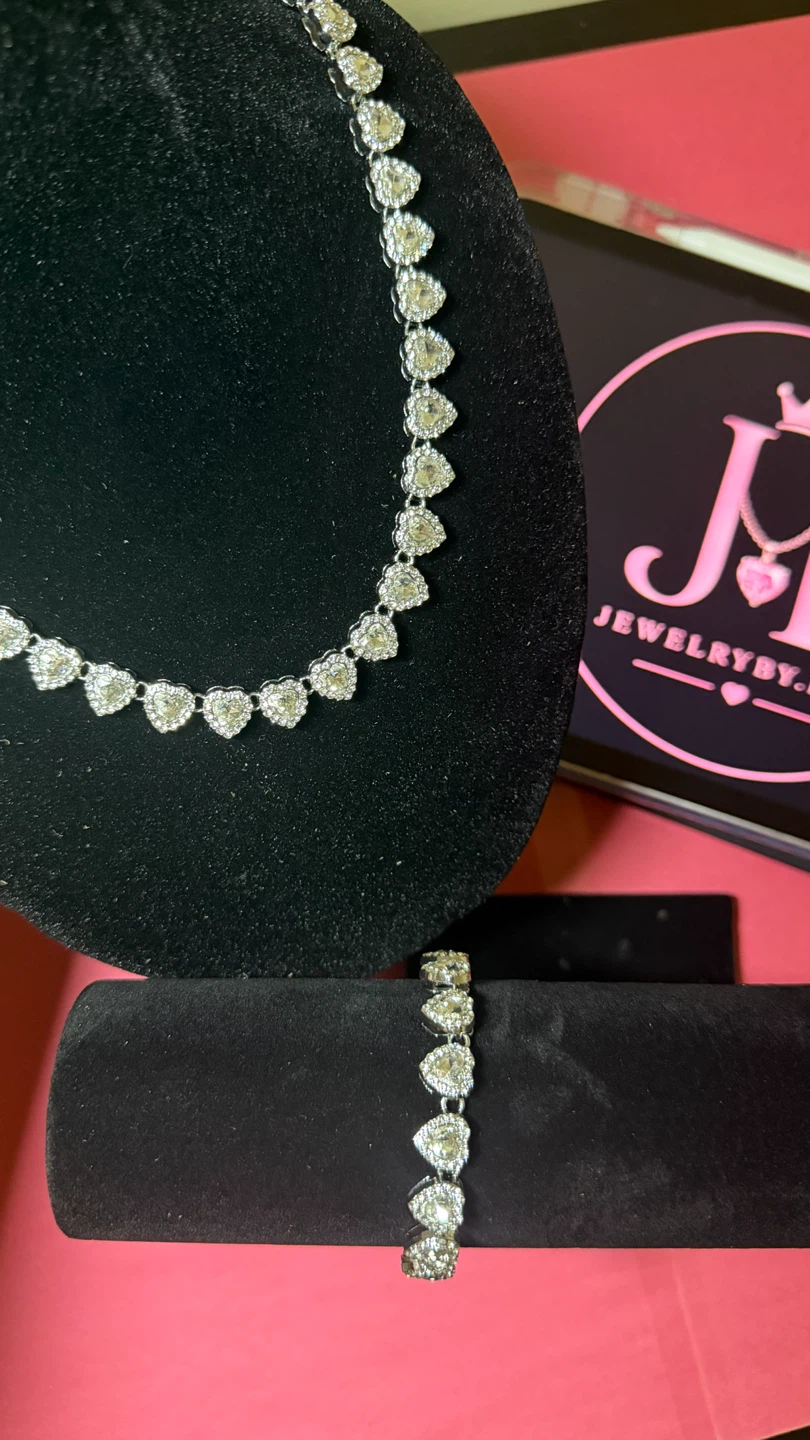 Ensemble collier & bracelet tennis cœur argenté
