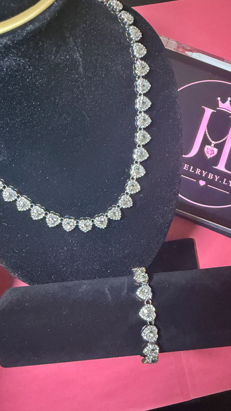 Silver Heart Tennis Necklace & Bracelet Set.