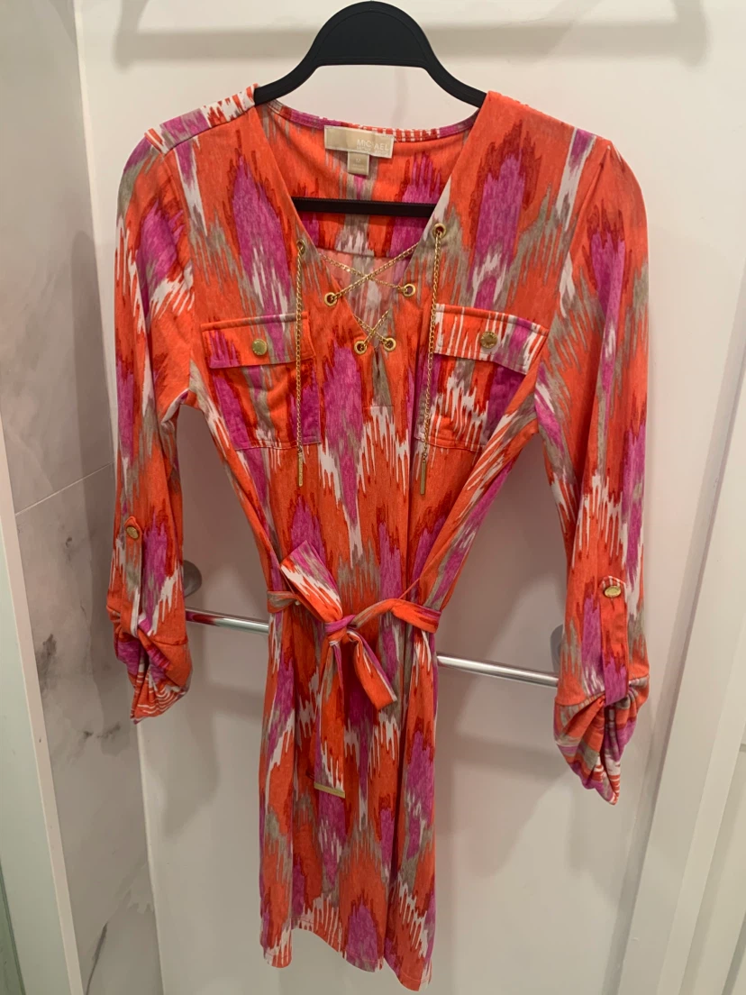 🩷🧡 Michael Kors Orange Pink Ikat Print Dress Size M 🩷🧡