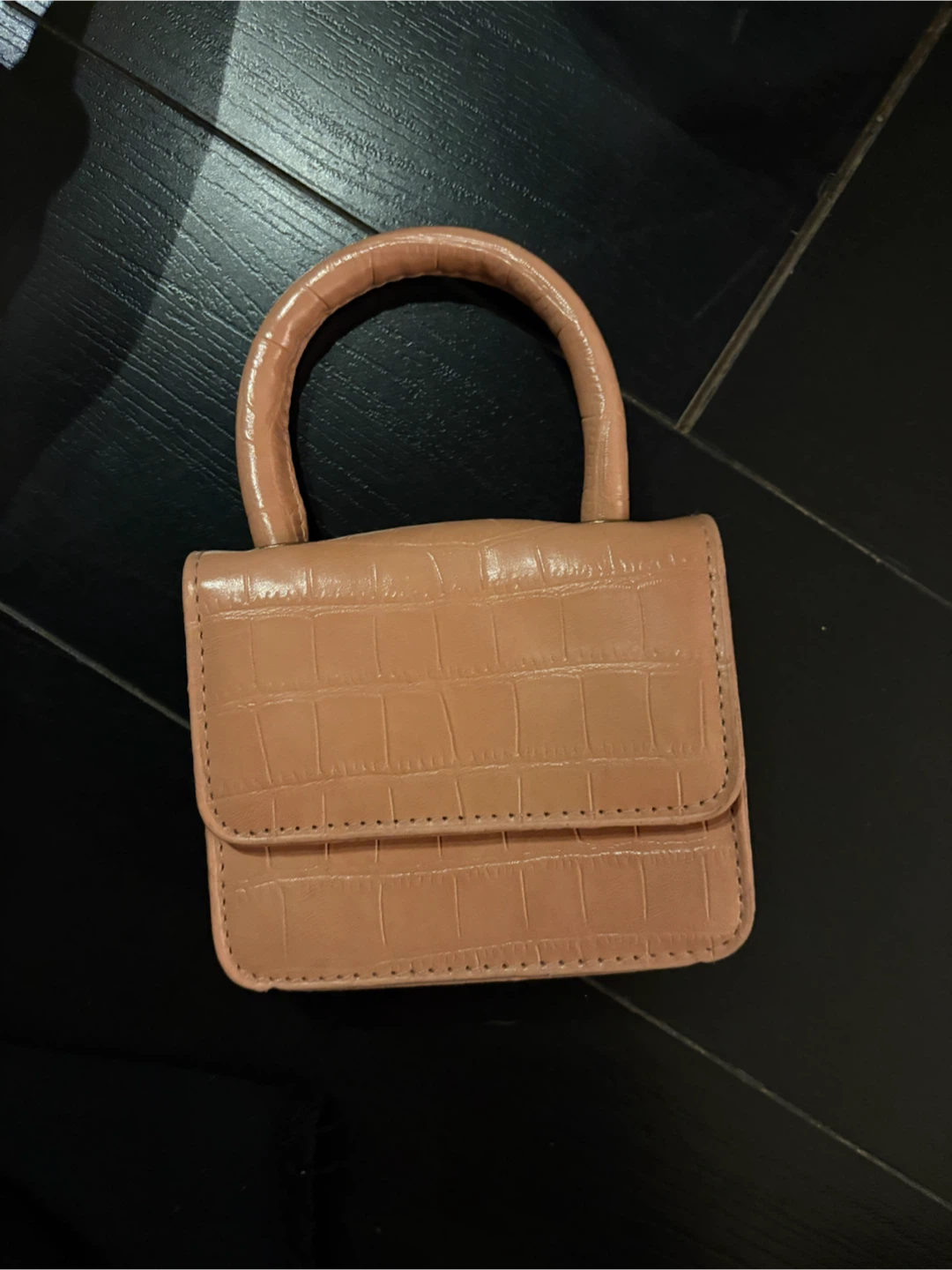 Tan Croc Embossed Top Handle Mini Bag