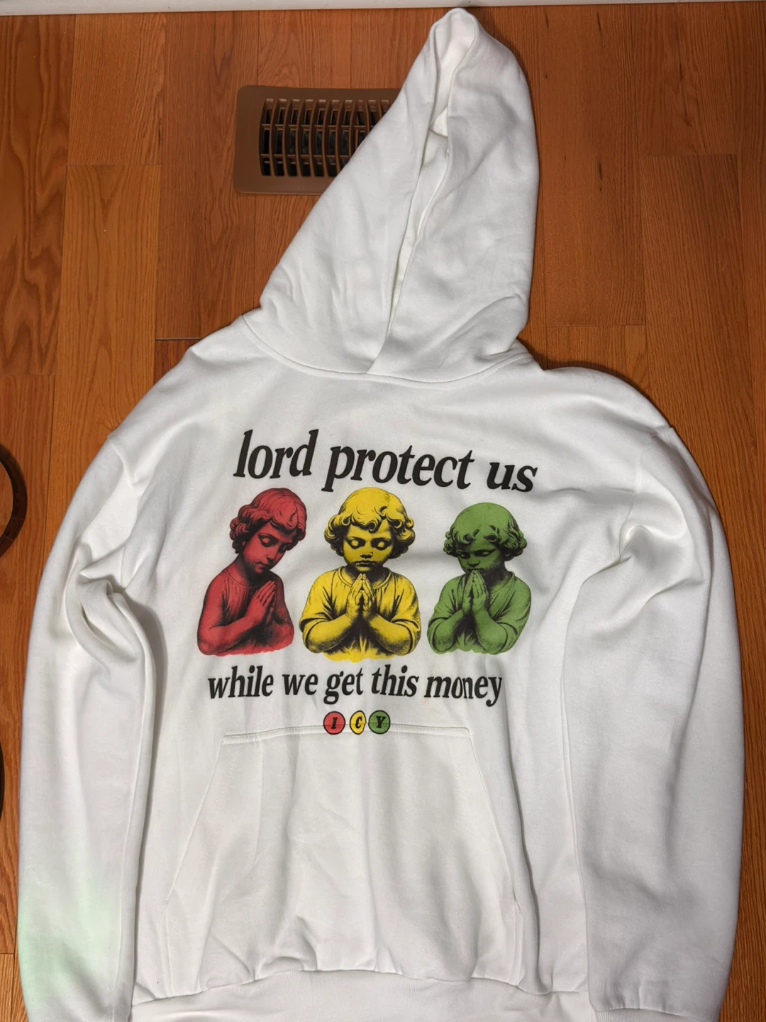 WearIcy “Lord Protect Us” White Hoodie Size XL