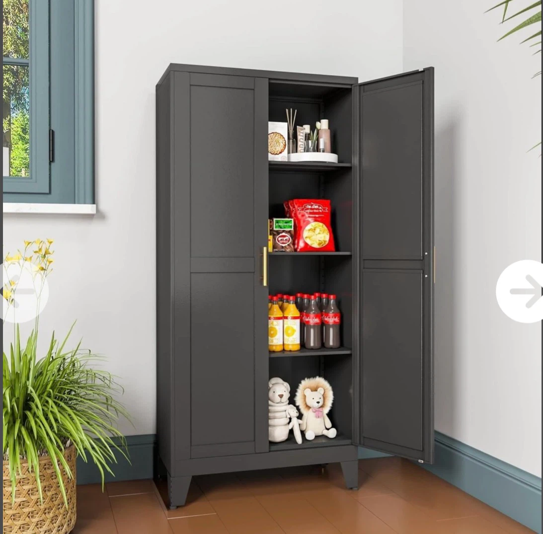 Grey Metal Storage Cabinet with Doors and Adjustable Shelves
