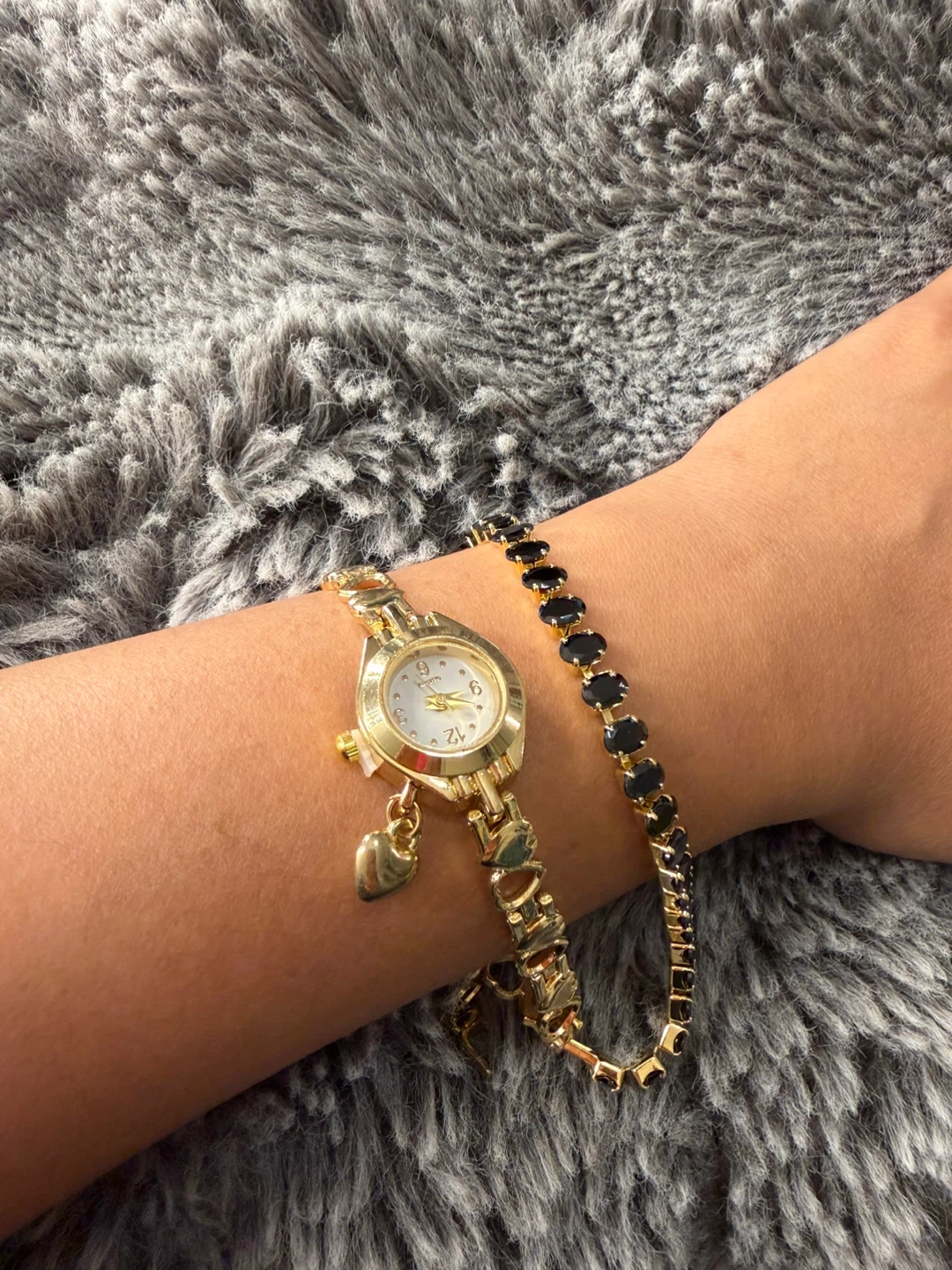 Gold Tone Watch with Heart Charm and Black Gemstone Bracelet