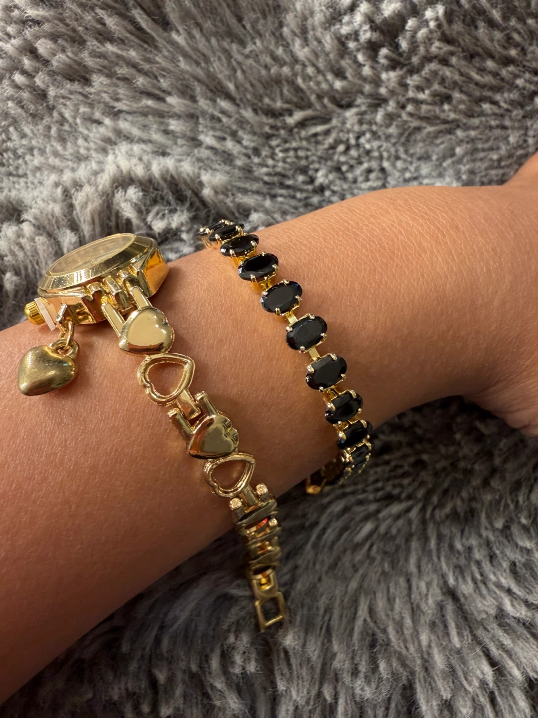 Gold Tone Watch with Heart Charm and Black Gemstone Bracelet - photo 2