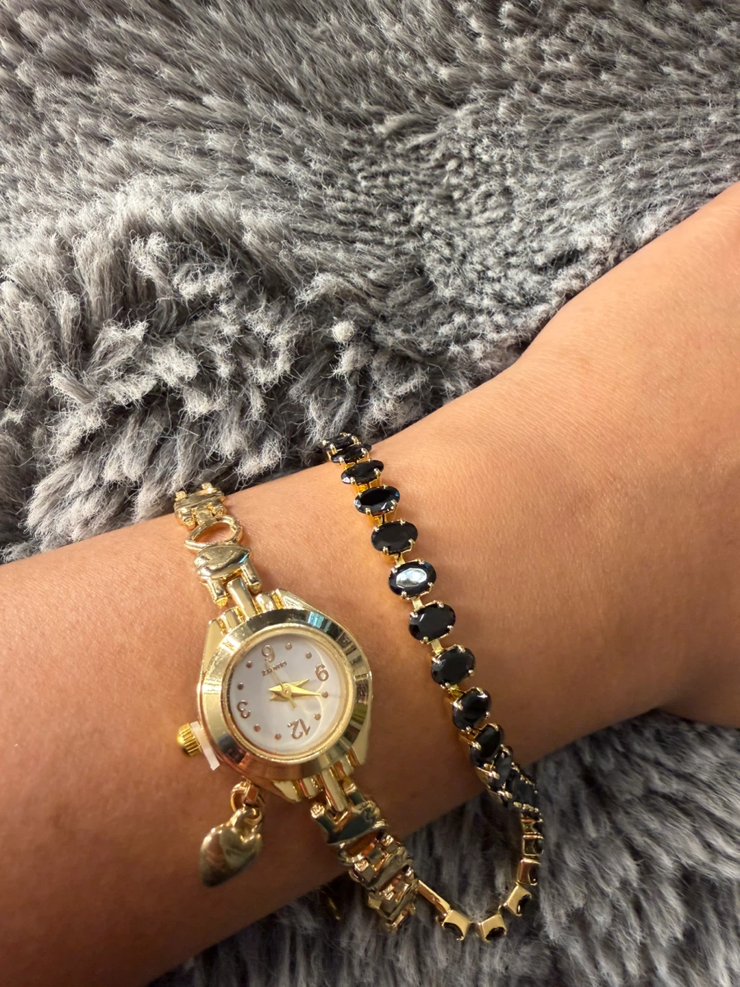 Gold Tone Watch with Heart Charm and Black Gemstone Bracelet - photo 3