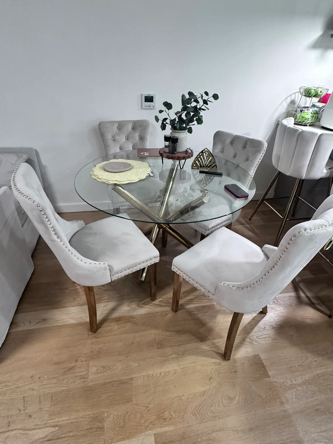 Glass Top Dining Table with 4 Upholstered Chairs