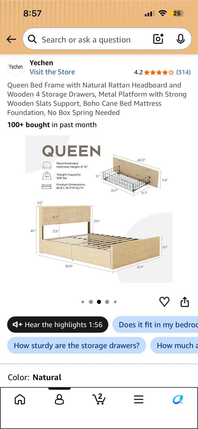 Queen Bed Frame with 4 Drawers and Headboard - photo 2