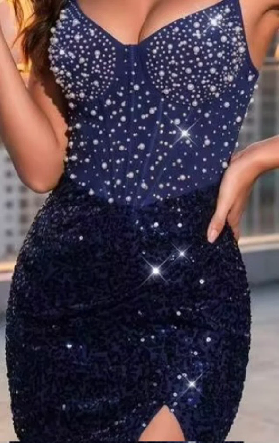 Blue Sequin & Pearl Embellished Mini Dress - photo 2