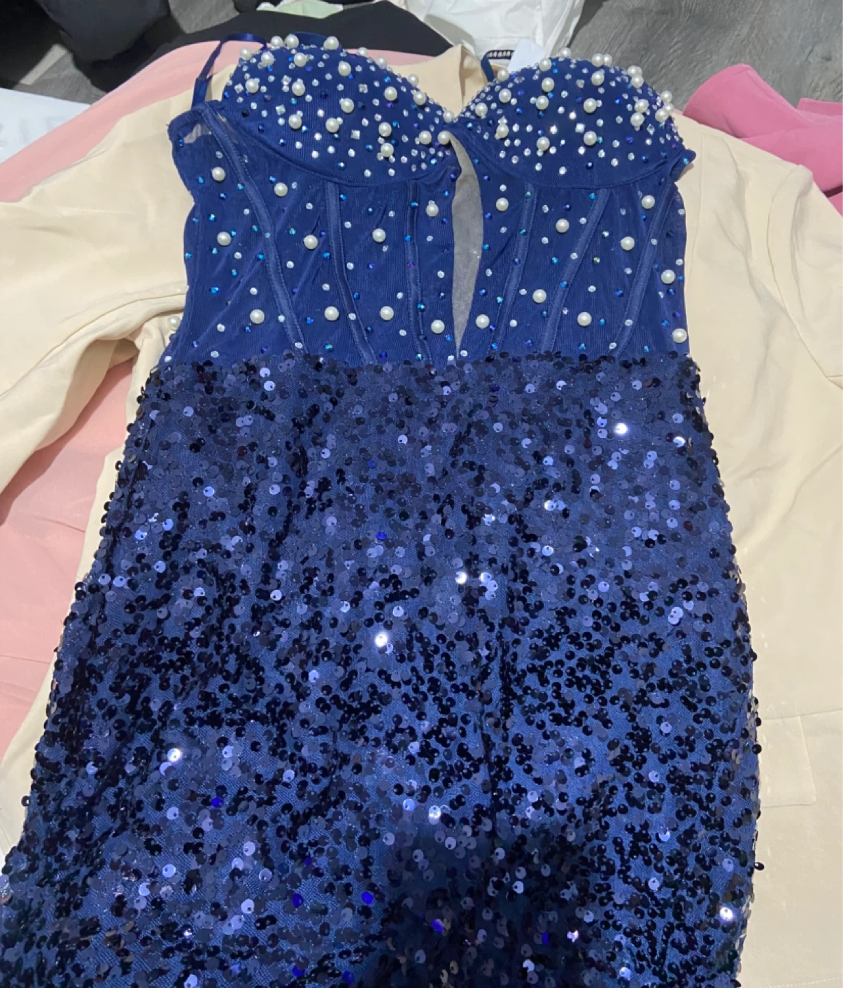 Blue Sequin & Pearl Embellished Mini Dress