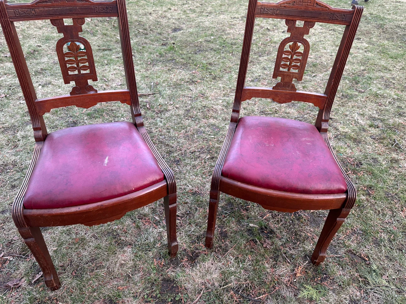 Vintage Wooden Dining Chairs with Red Upholstery (Set of 2)