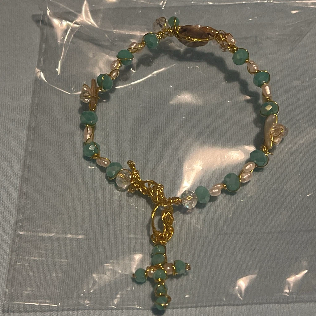 Goldtone Rosary Bracelet with Blue Beads and Cross Charm