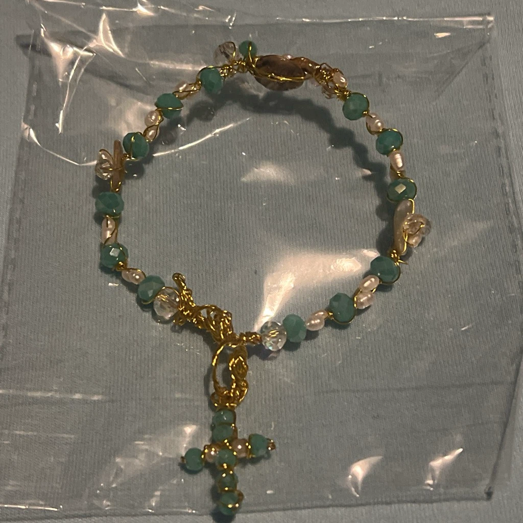 Goldtone Rosary Bracelet with Blue Beads and Cross Charm - photo 2