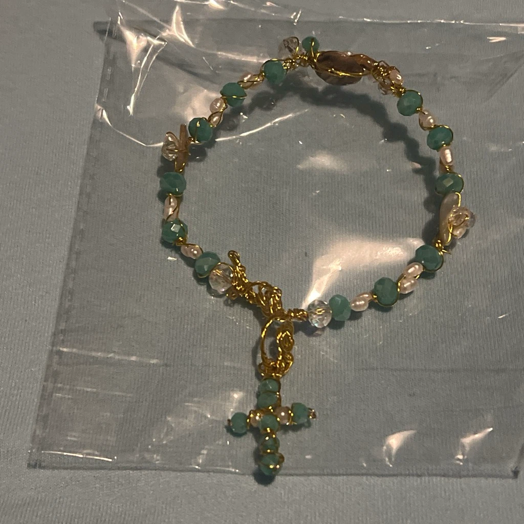 Goldtone Rosary Bracelet with Blue Beads and Cross Charm - photo 3