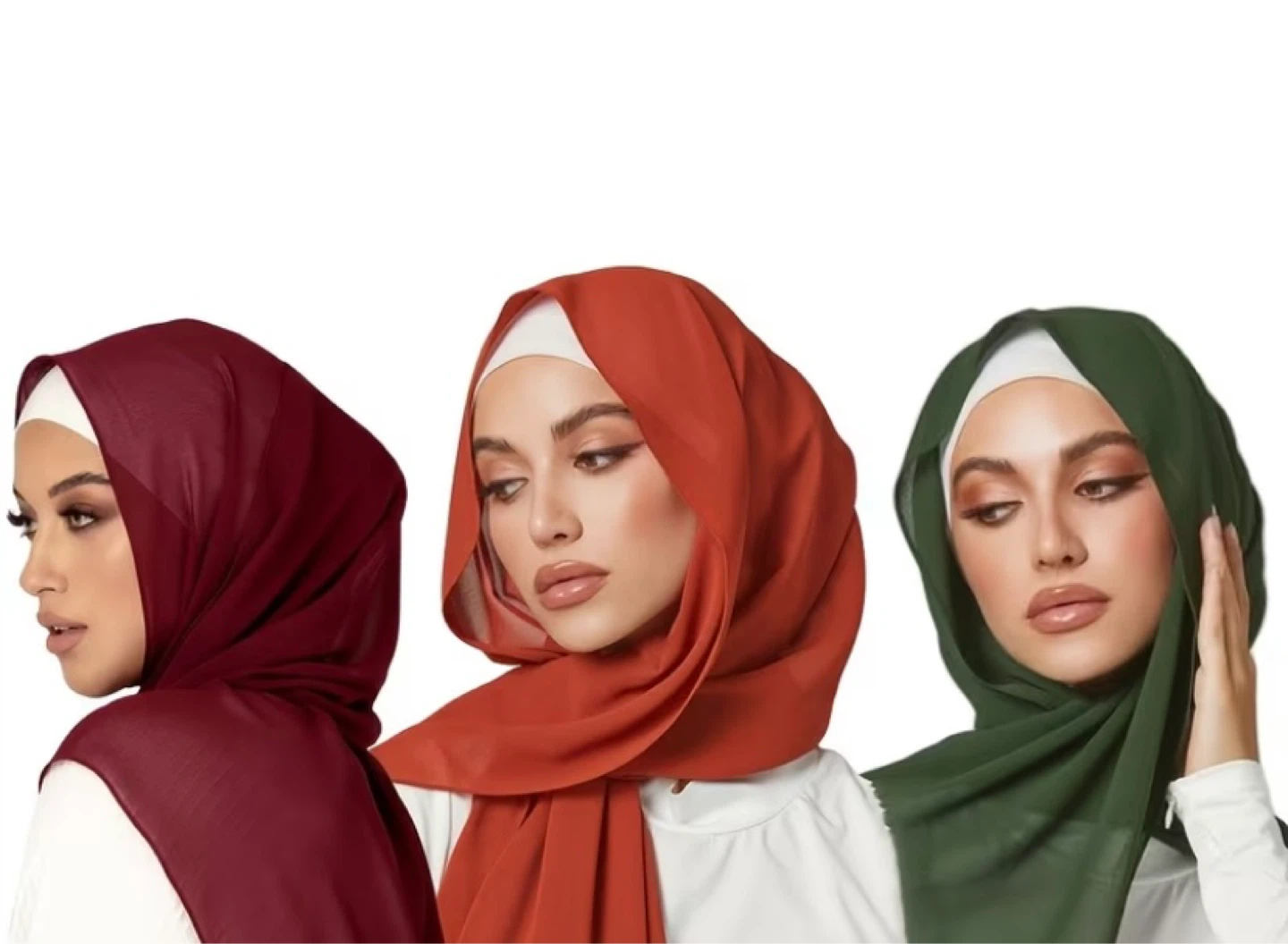 3 Chiffon Hijabs - Green, Lavender, Light Blue