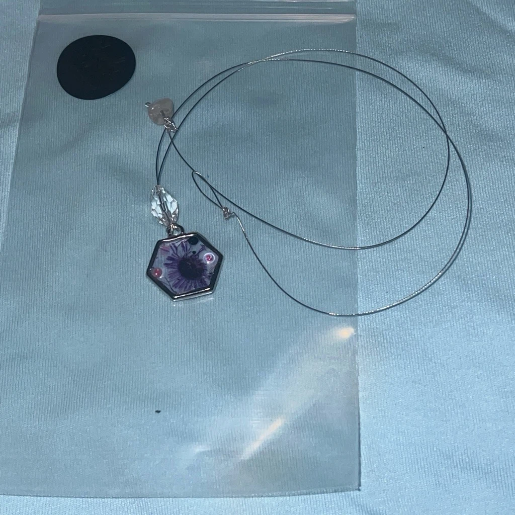 Hexagonal Resin Pendant Necklace with Purple Flower