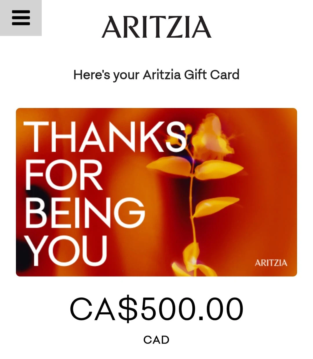 Aritzia $500 E Gift Card