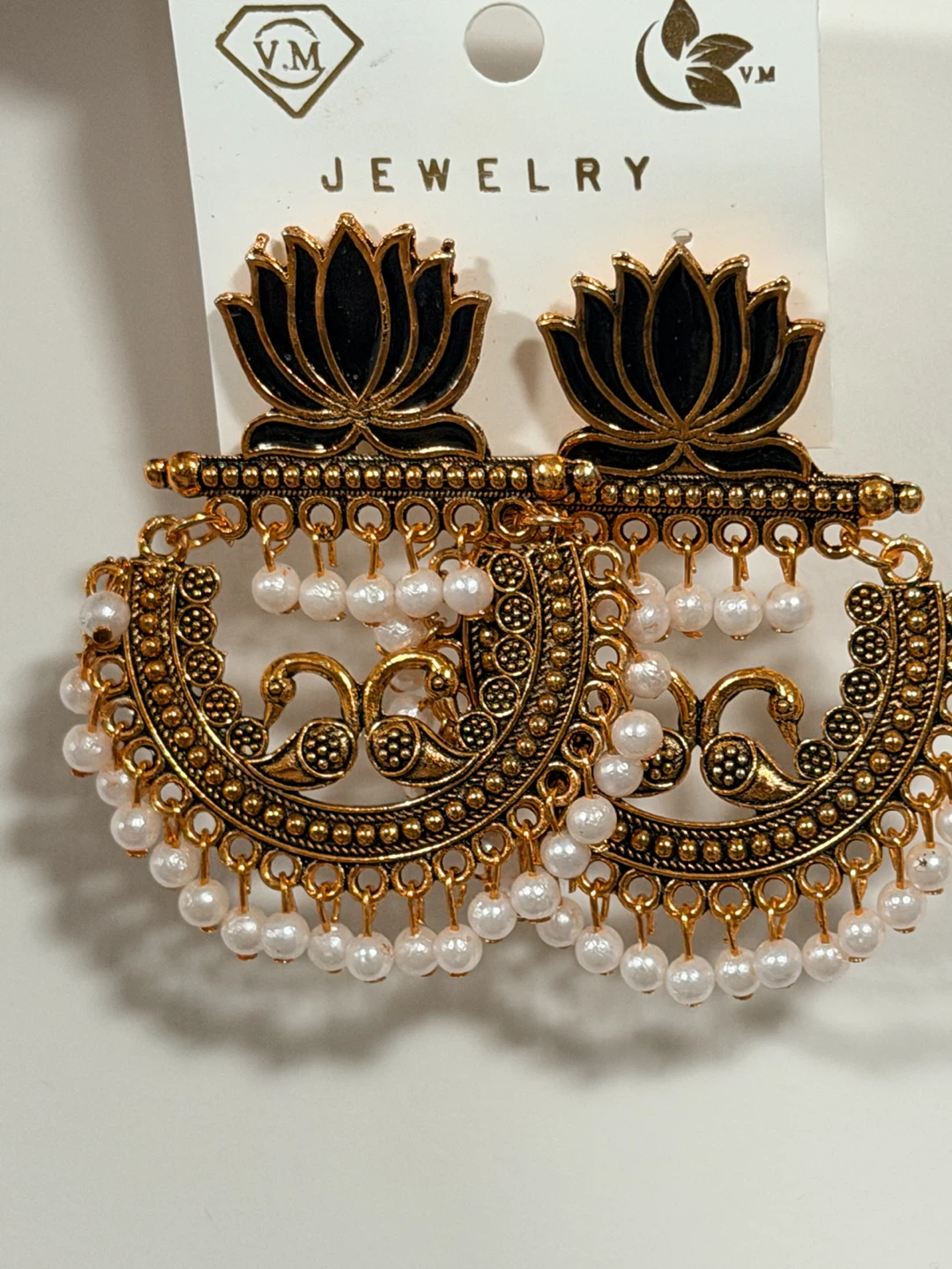 Gold Tone Dangle Earrings with Lotus and Peacock Design - photo 2