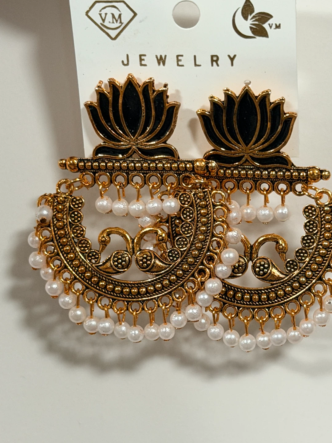 Gold Tone Dangle Earrings with Lotus and Peacock Design - photo 3