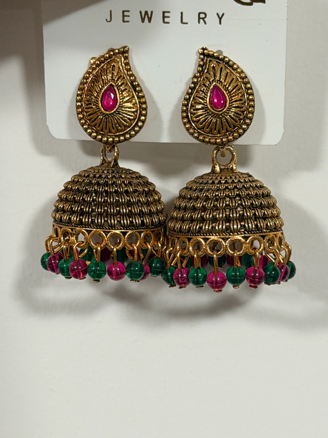 Gold Tone Jhumka Earrings with Pink and Green Beads