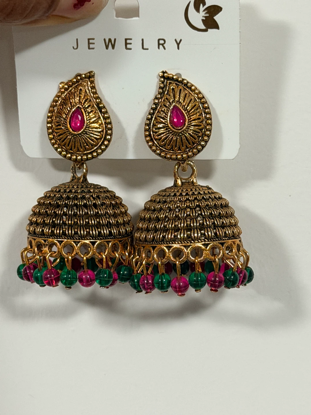 Gold Tone Jhumka Earrings with Pink and Green Beads - photo 2
