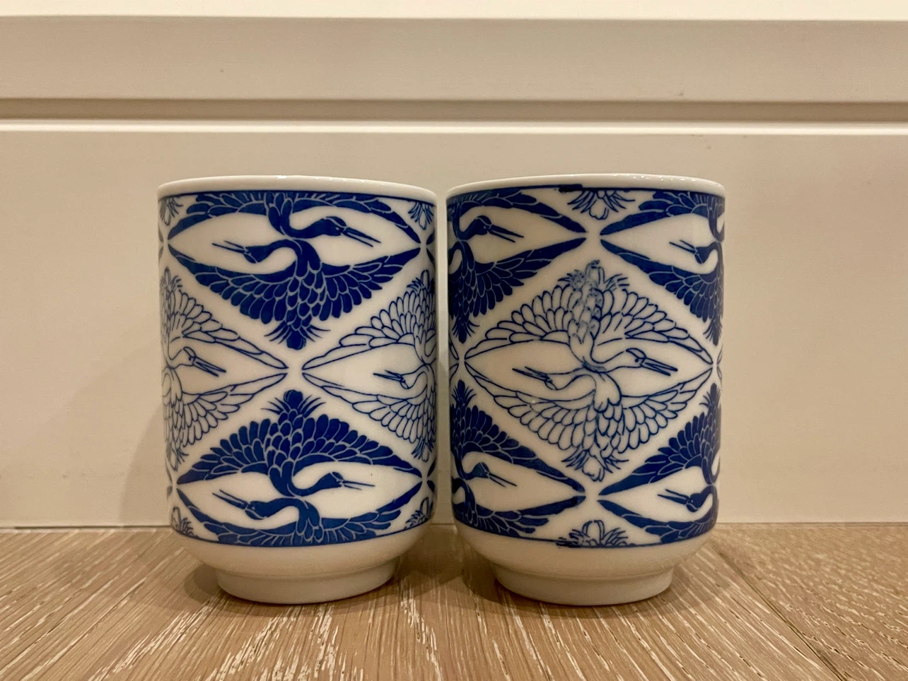 New Set of 2 Blue & White Crane Tea Cups