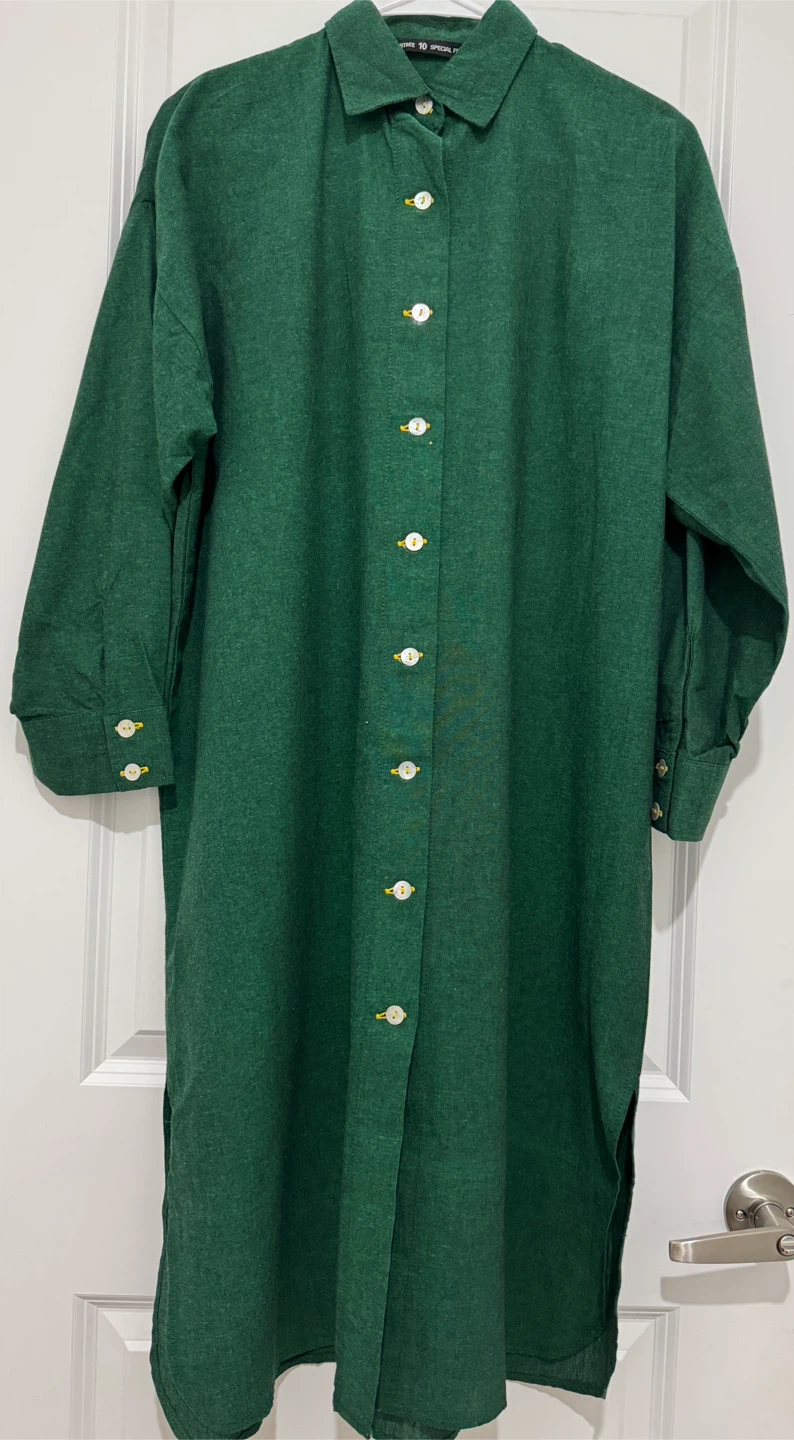 Women's Cotton Green Collared Long Sleeve Maxi Dress