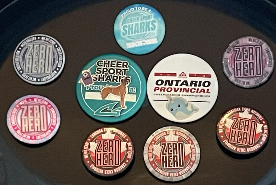 CHEER SPORT SHARKS - (Milton) Brag Buttons…Like New