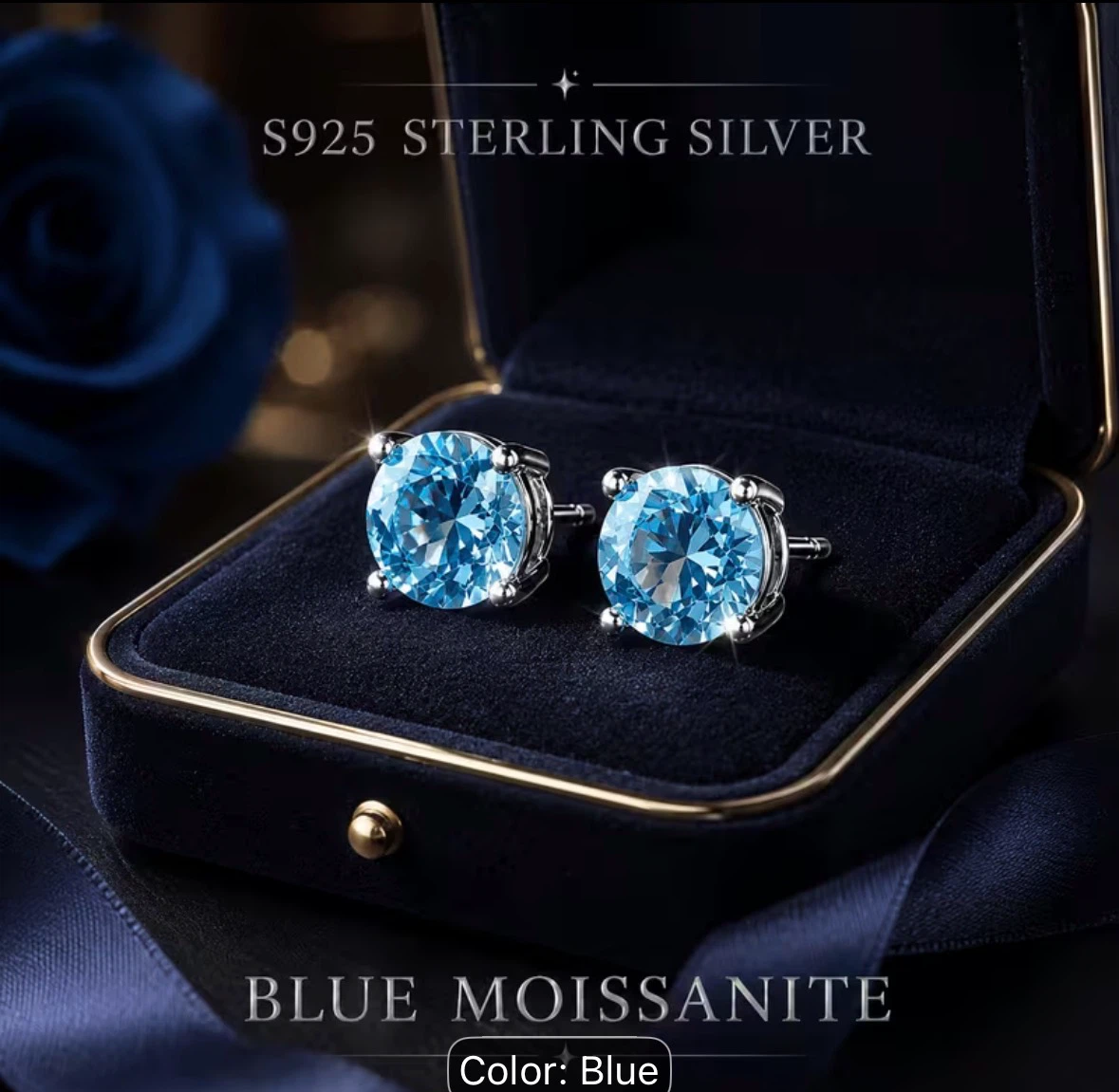 S925 Sterling Silver Blue Moissanite Stud Earrings