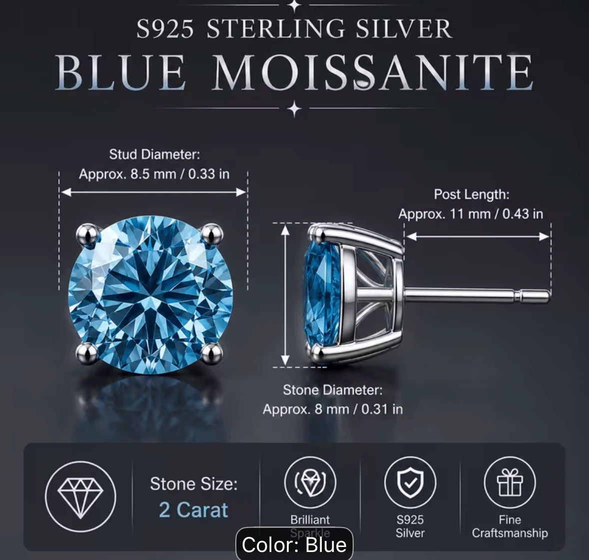 S925 Sterling Silver Blue Moissanite Stud Earrings - photo 2