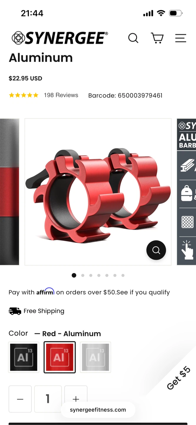 Synergee Aluminum Barbell Collars - photo 2