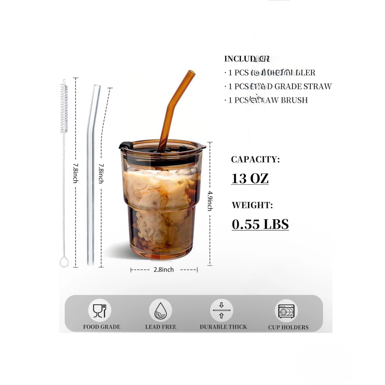 Brand new 13oz Glass Tumbler with Straw and Lid - photo 4