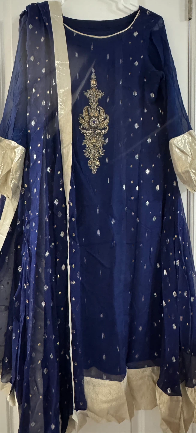 Navy Blue Embroidered A line shirt with Dupatta