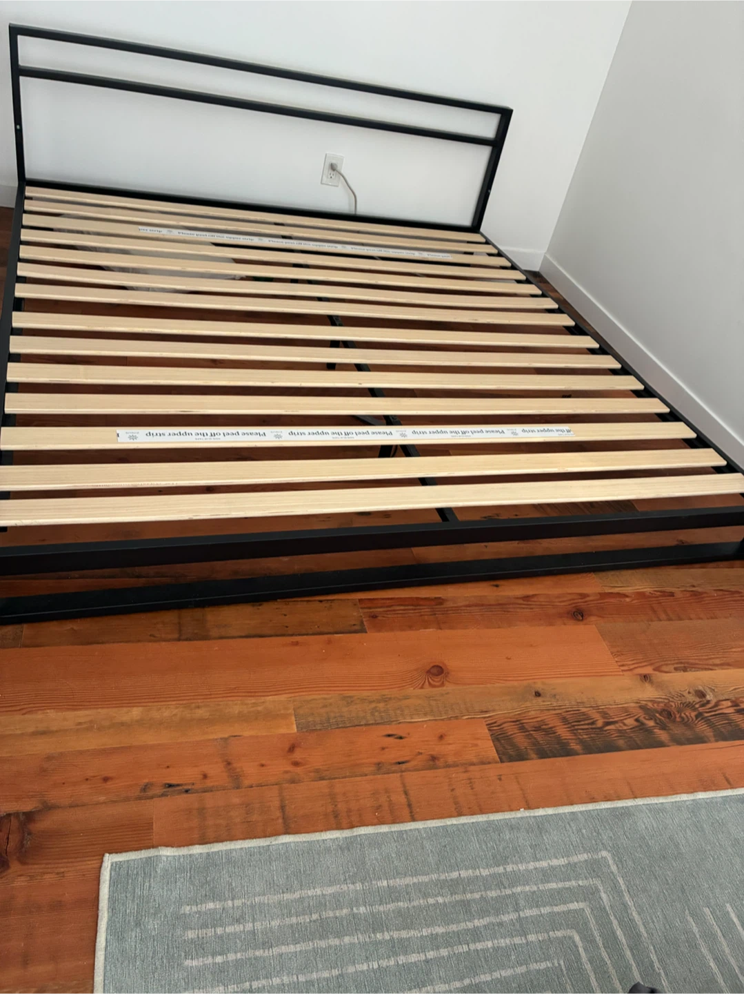 King Bed Frame, Black Metal Bed Frame with Wooden Slats
