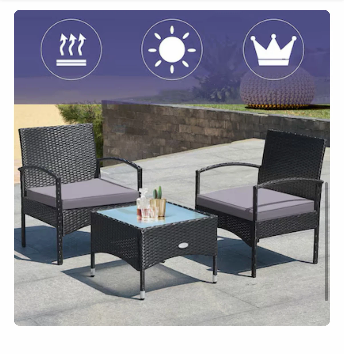 3-Piece Wicker Patio Set with Cushions - photo 2