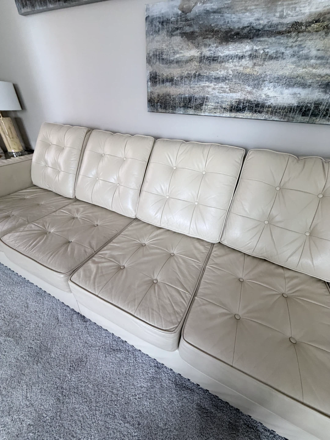 Cream Leather Tufted Sectional Sofa