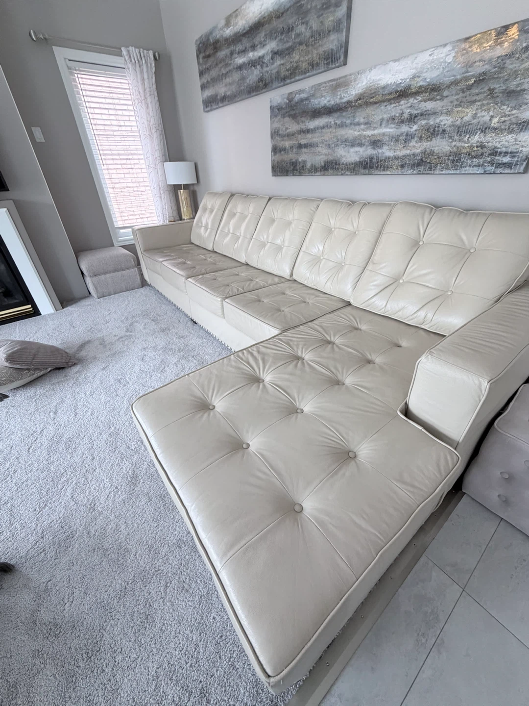 Cream Leather Tufted Sectional Sofa - photo 2