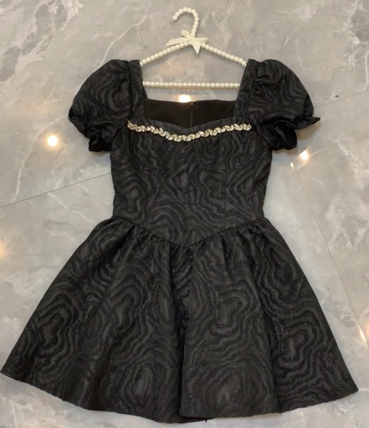 Black Puff Sleeve Square Neck Mini Dress