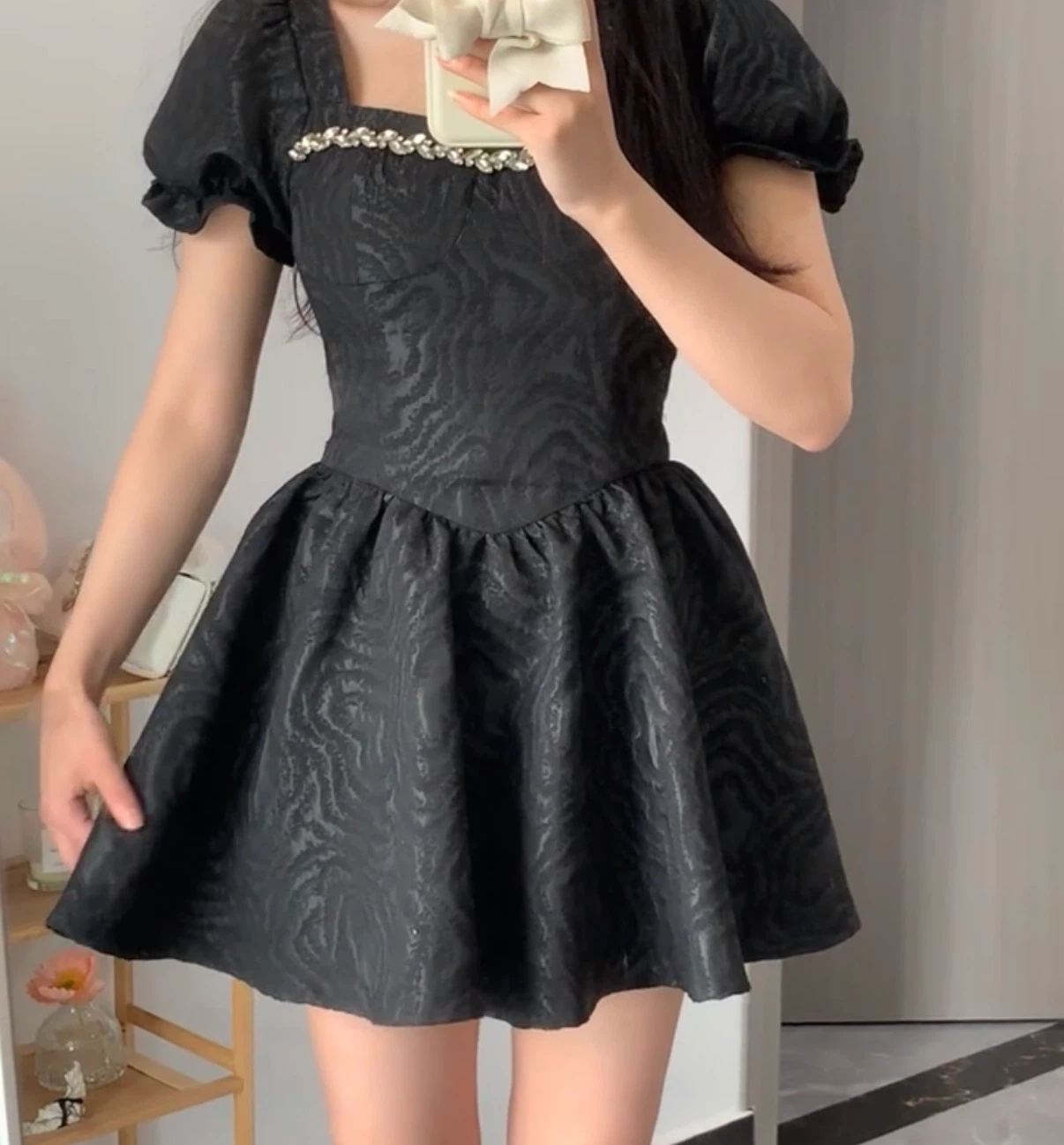 Black Puff Sleeve Square Neck Mini Dress - photo 2