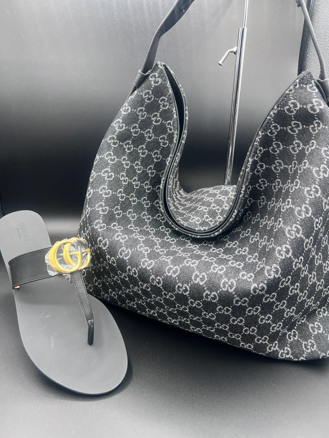 Gucci Black GG Monogram Shoulder Bag and Sandals Set