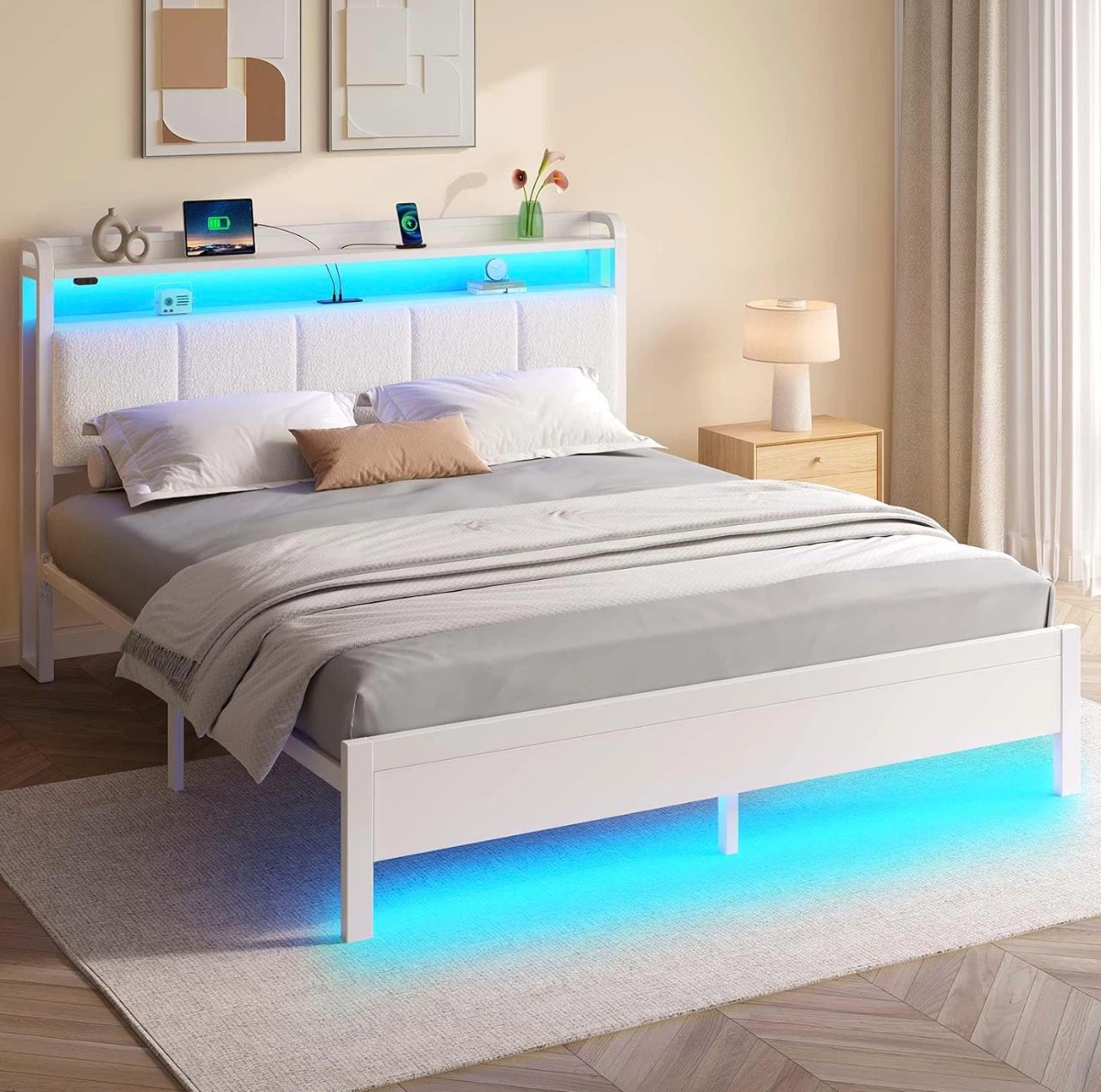 Queen Size Bed Frame with Storage Headboard and LED Lights