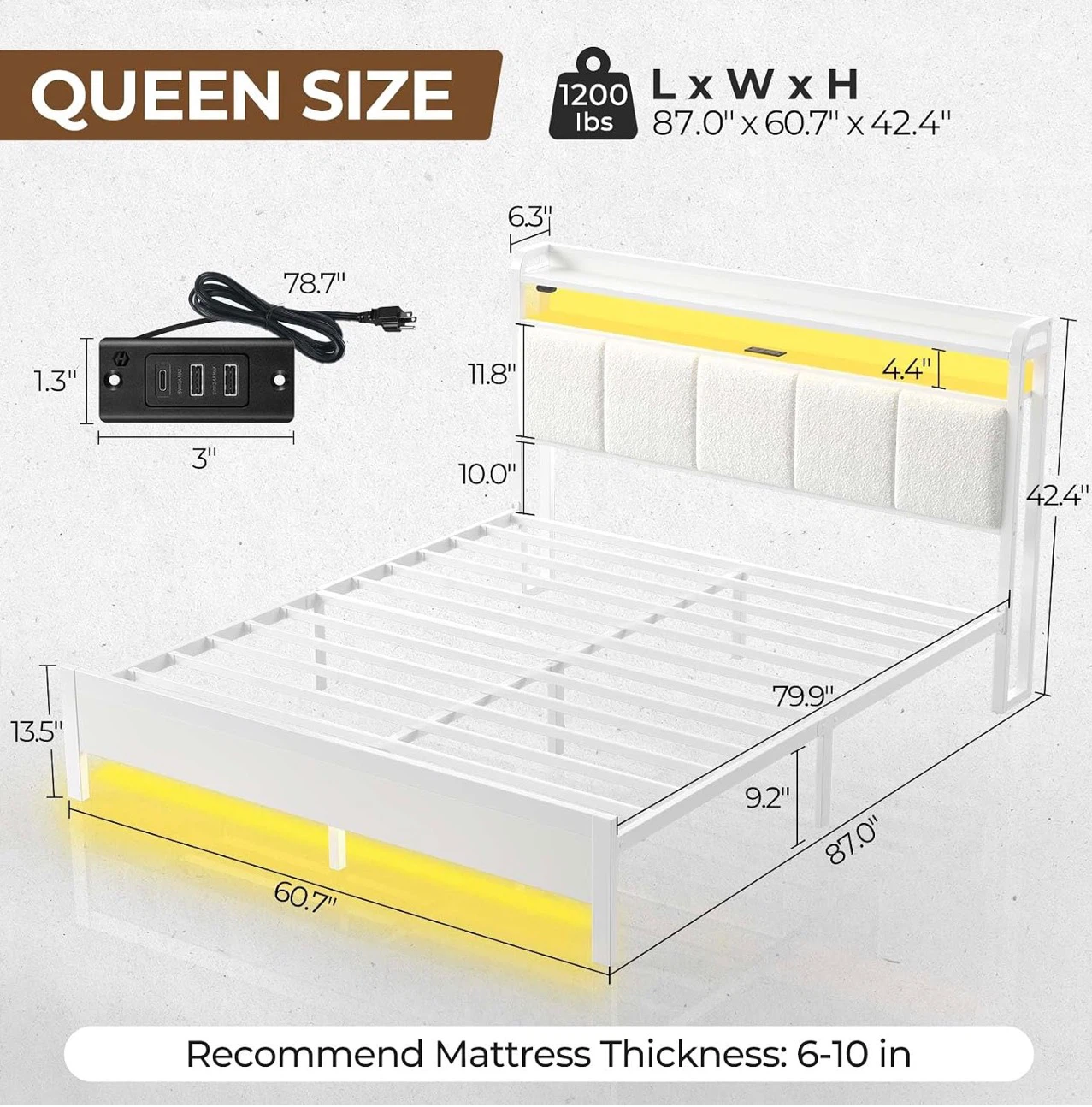 Queen Size Bed Frame with Storage Headboard and LED Lights - photo 2