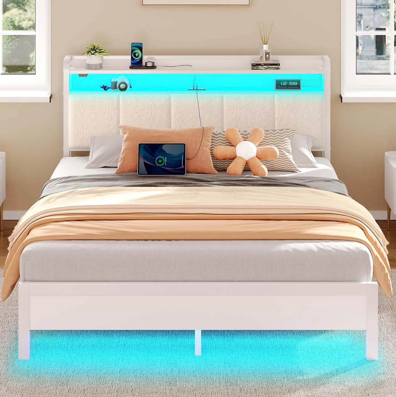 Queen Size Bed Frame with Storage Headboard and LED Lights - photo 4